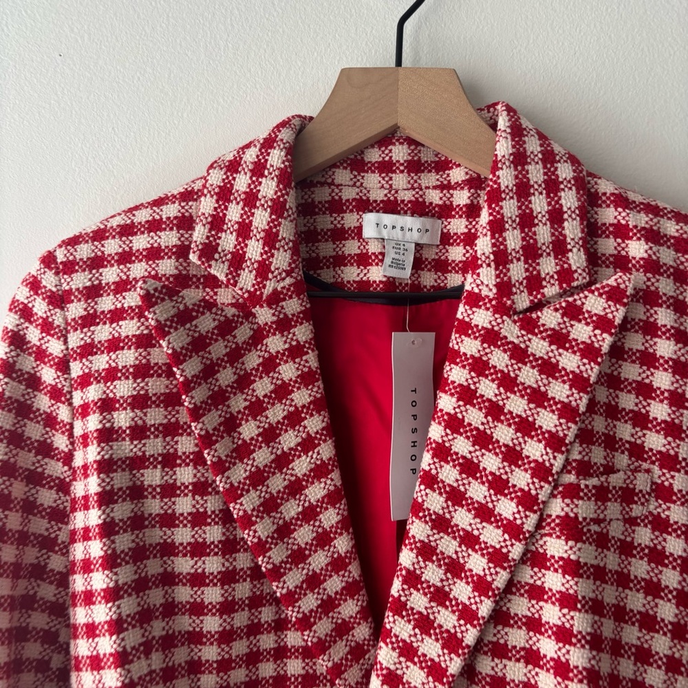 Topshop Red White Gingham Double Breast Blazer Sz US 4 - Picture 5 of 7